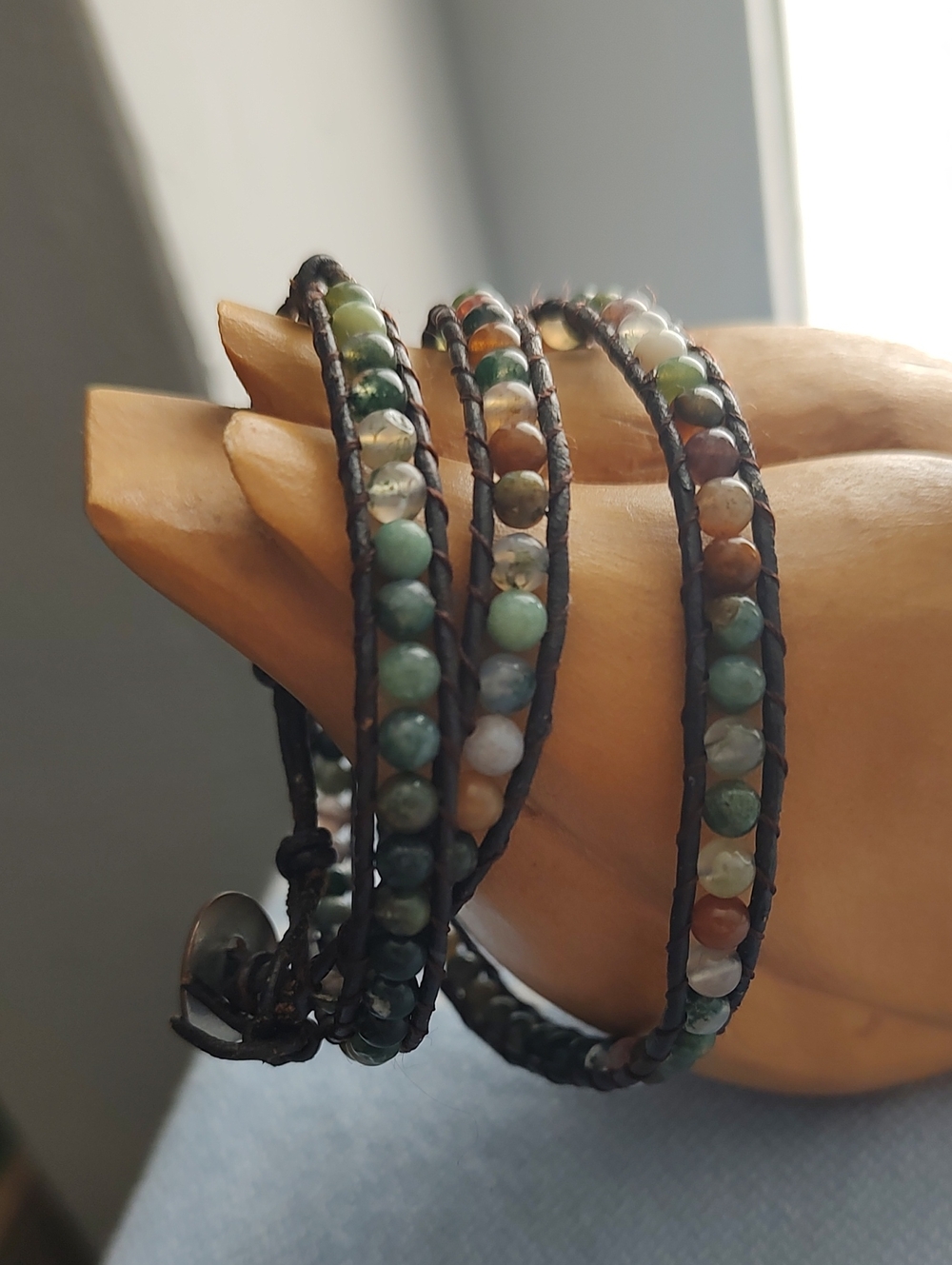 Multi-Color Beaded Wrap Bracelet - Natural Stone Brown Cord